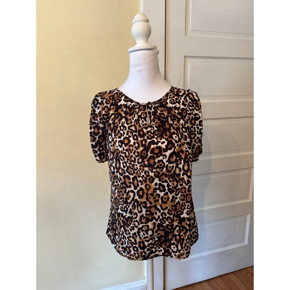 Womens leopard short sleeve blouse top animal print wildlife party keyhole neck